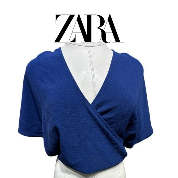 ZARA Royal Blue Wrap Front Blouse - Lightweight & Stylish Short Sleeve Top - Picture 1 of 6
